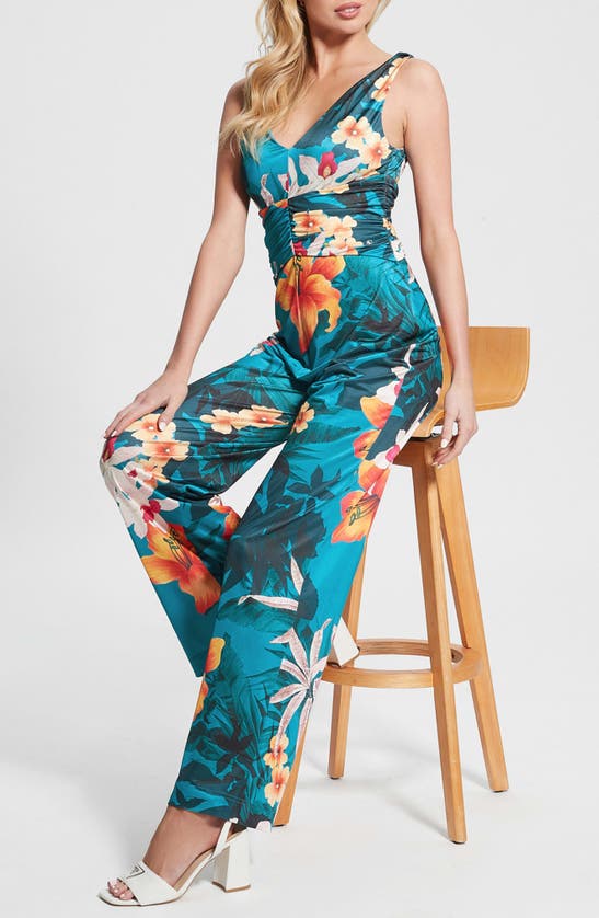 Shop Guess Emily Floral Print Jumpsuit In Blue