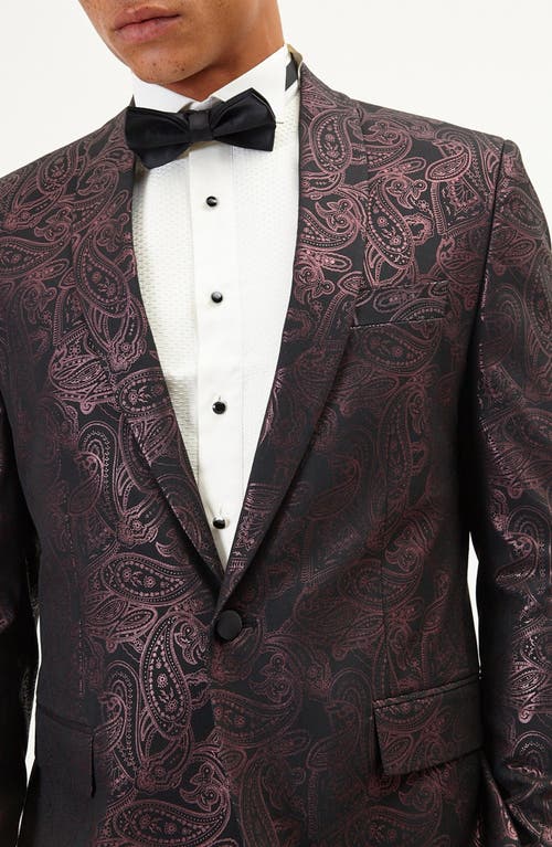 Ron Tomson Metallic Paisley Pattern Tuxedo Jacket In Burgundy