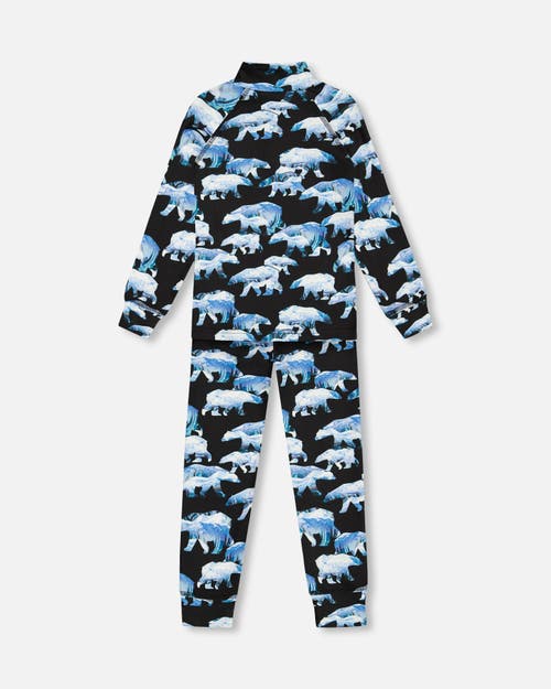 Deux Par Deux Little Boy's Two Piece Thermal Underwear Set Black Printed Polar Bears In Printed Bears