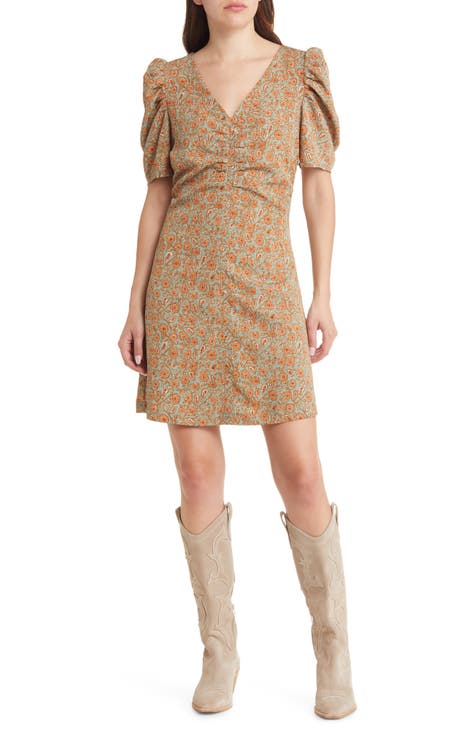 Paisley Ruched Puff Sleeve Dress