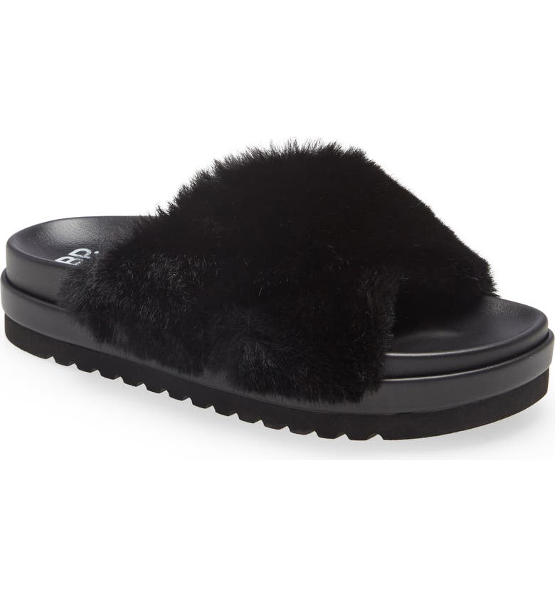 BP. Zoe Cross Band Faux Fur Slide Sandal, Main, color, BLACK