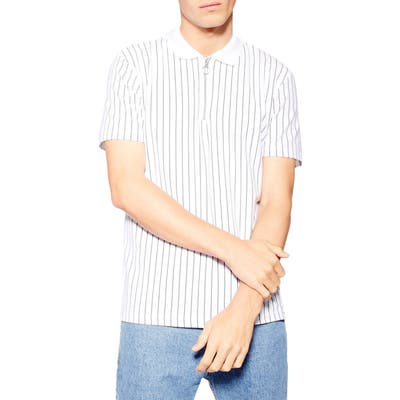 Topman Pinstripe Zip Pique Polo, White