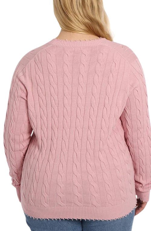 Shop Minnie Rose Frayed V-neck Cable Knit Cotton Cardigan In Pink Pearl