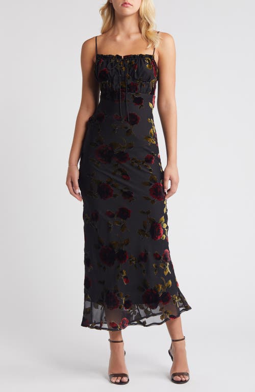 Shop Rare London Devore Floral Tie Front Chiffon Maxi Dress In Burgundy Print