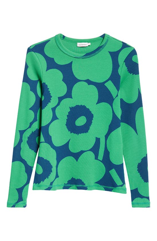 Shop Marimekko Tulva Unikko Rib Long Sleeve T-shirt In Green Blue