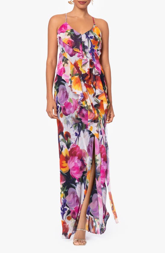 Betsy & Adam Floral Print Ruffle Maxi Dress In Pink