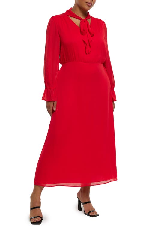 Pussybow Long Sleeve Chiffon Midi Dress in Red