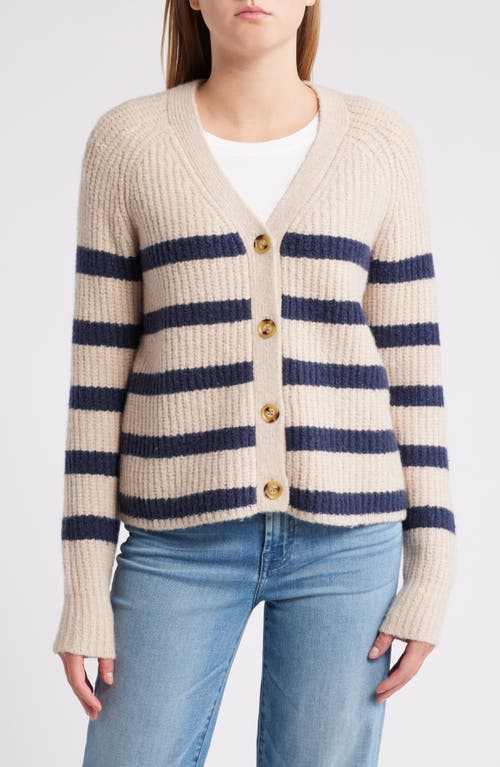 Shop Caslonr Caslon(r) Weekend Chenille Cardigan In Tan Doeskin- Navy Cleo Stripe