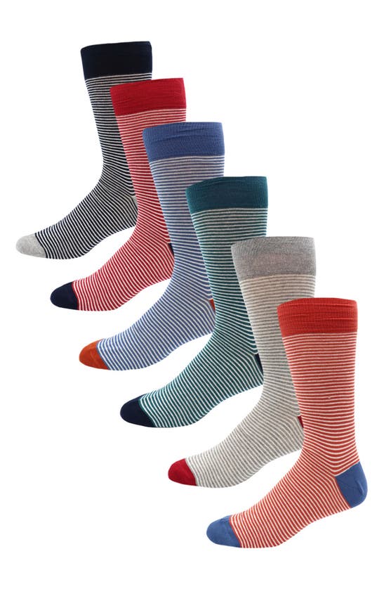 Shop Lorenzo Uomo 6-pack Assorted Stripe Cotton Blend Dress Socks In Denim