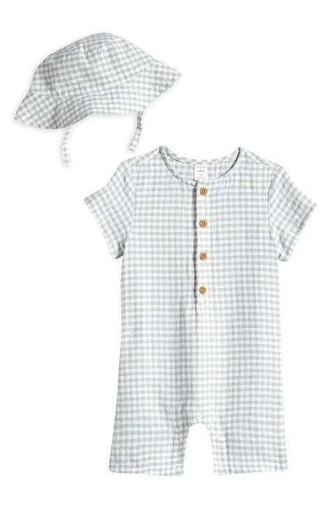 Print Cotton Henley Romper & Hat Set (Baby)