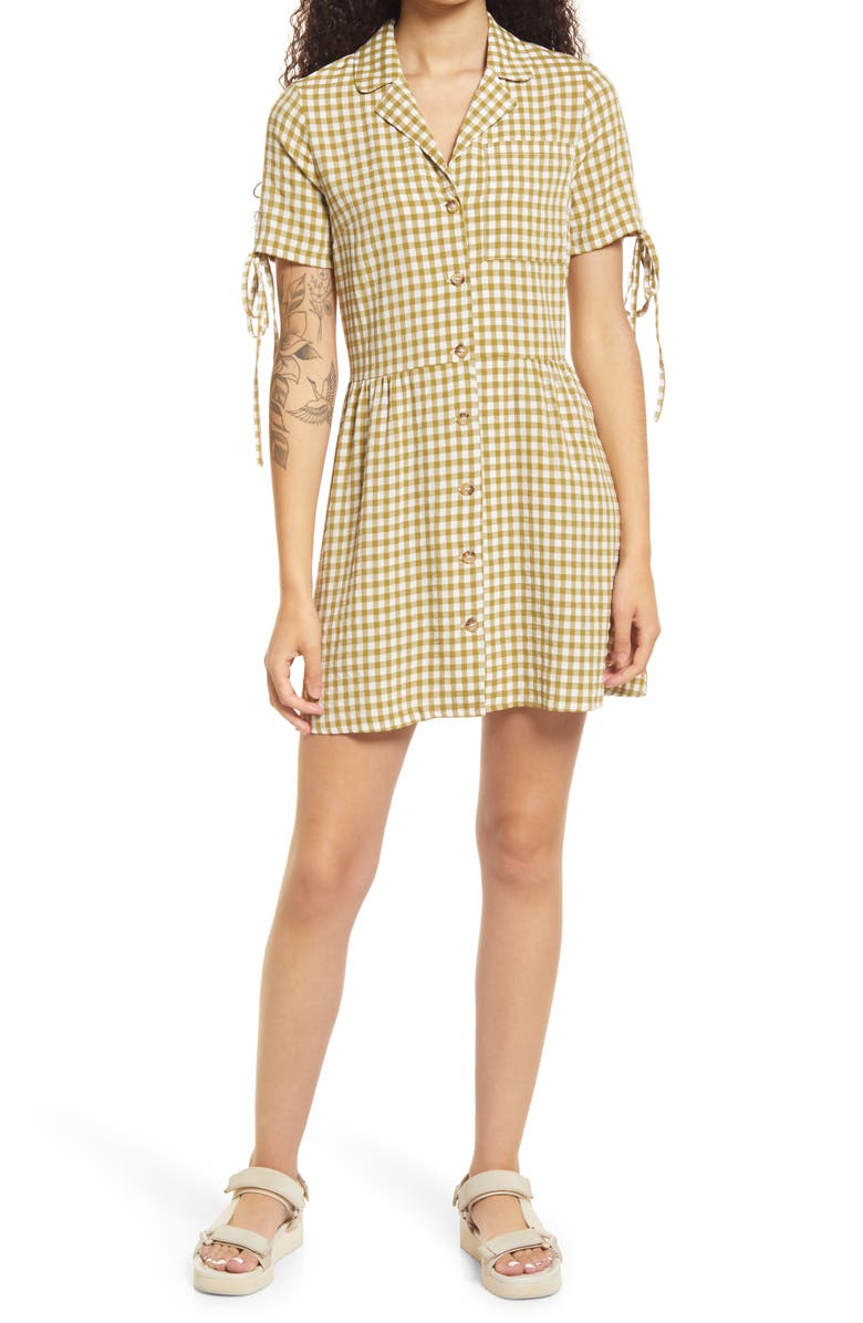 TOPSHOP Gingham Check Tie Sleeve Minidress, Main, color, OLIVE