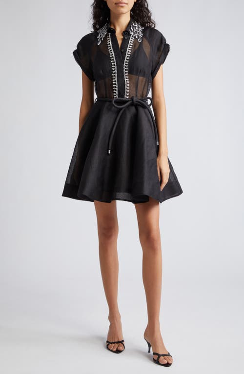 Zimmermann Matchmaker Crystal Embellished Belted Linen & Silk Organza Minidress at Nordstrom,