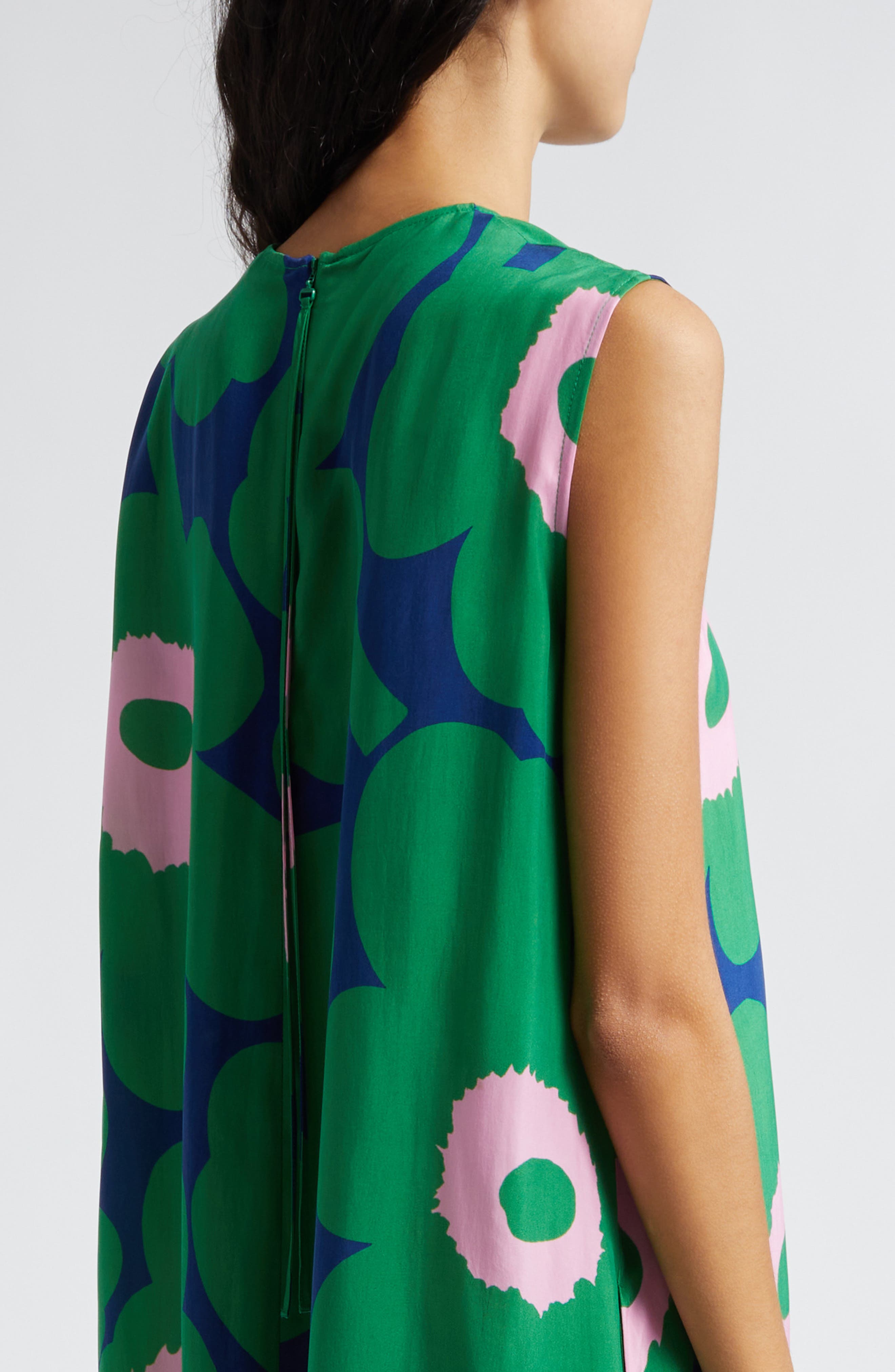 Marimekko Migot Unikko Floral Sleeveless A-Line Dress in Green Blue Light Pink | Smart Closet Marimekko Migot Unikko Floral Sleeveless A-Line Dress in Green Blue Light Pink | Smart Closet