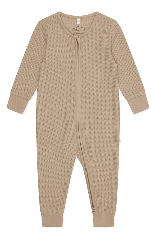 Shop Mori Clever Zip Waffle Fitted One-piece Pajamas In Sesame
