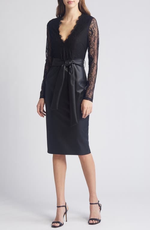 Mixed Media Long Sleeve Lace & Faux Leather Dress in Black