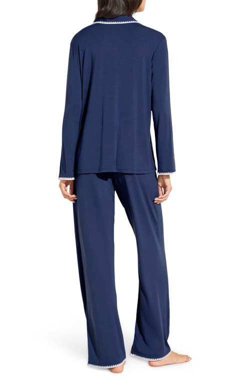 Eberjey Frida Contrast Embroidery Knit Pajamas In Navy/ Ivory