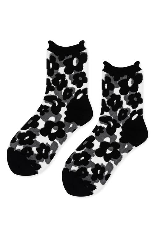 Hansel From Basel Poppy Flower Sheer Crew Socks In Black