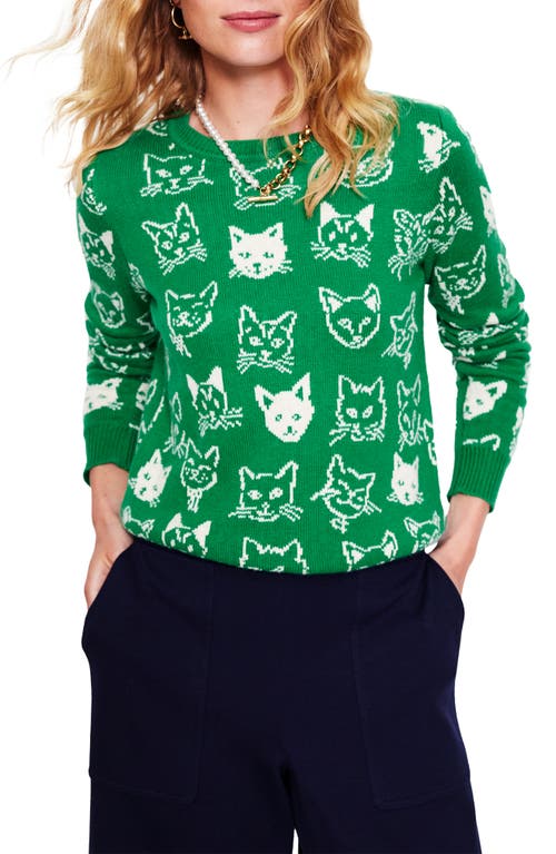 Shop Boden Cats Jacquard Crewneck Sweater In Rich Emerald Green Cats