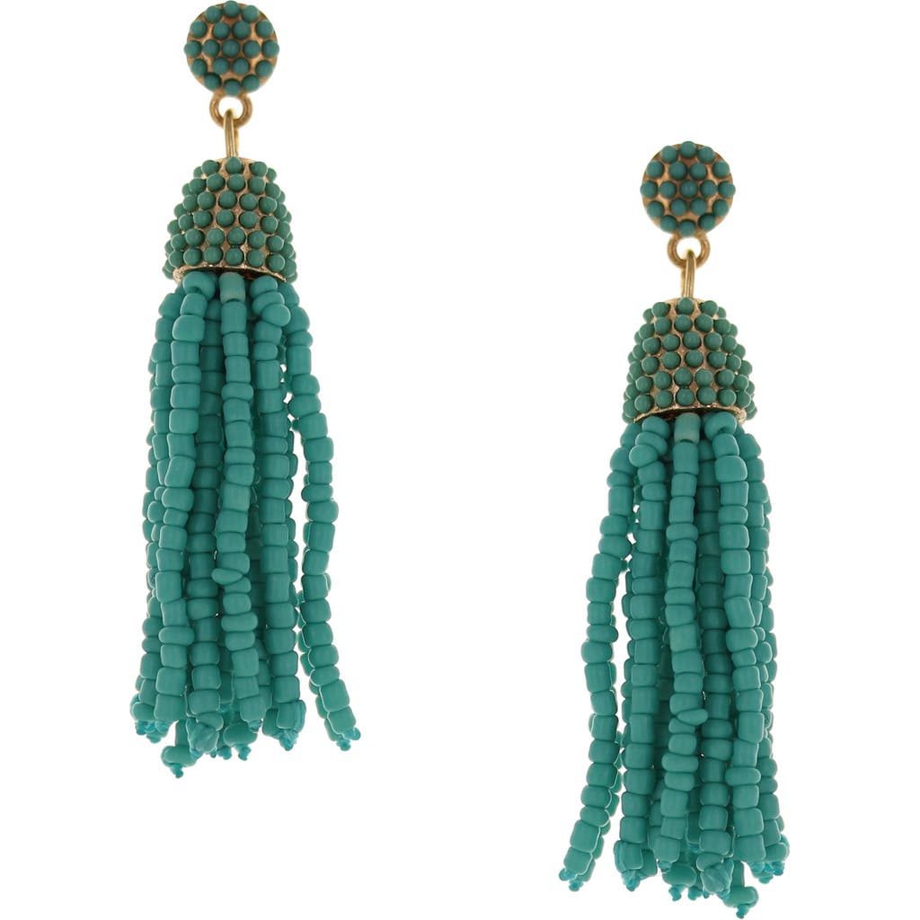 Shop Olivia Welles Seed Bead Tassel Drop Earrings In Gold/turquoise