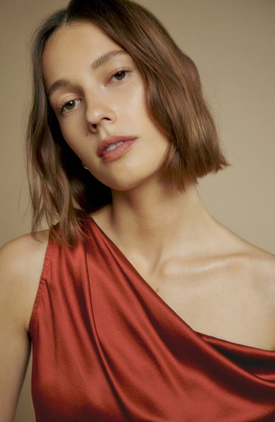 Reformation Annika Off-the-shoulder Draped Silk-charmeuse Top In Oxide