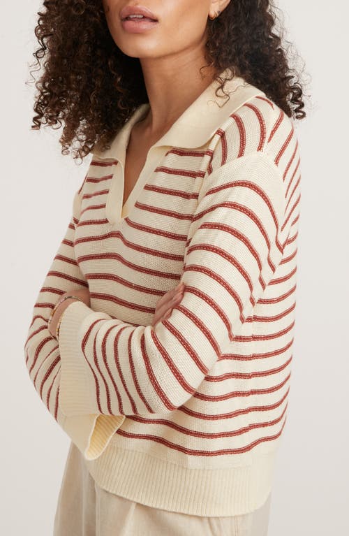 Shop Marine Layer Sage Long Sleeve Cotton Sweater Polo In White/brick Stripe