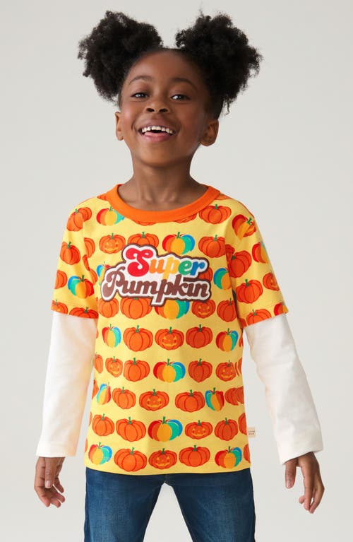 Shop Little Bird Kids' Super Pumpkin Long Sleeve Layered Look Cotton Graphic T-shirt In Orange