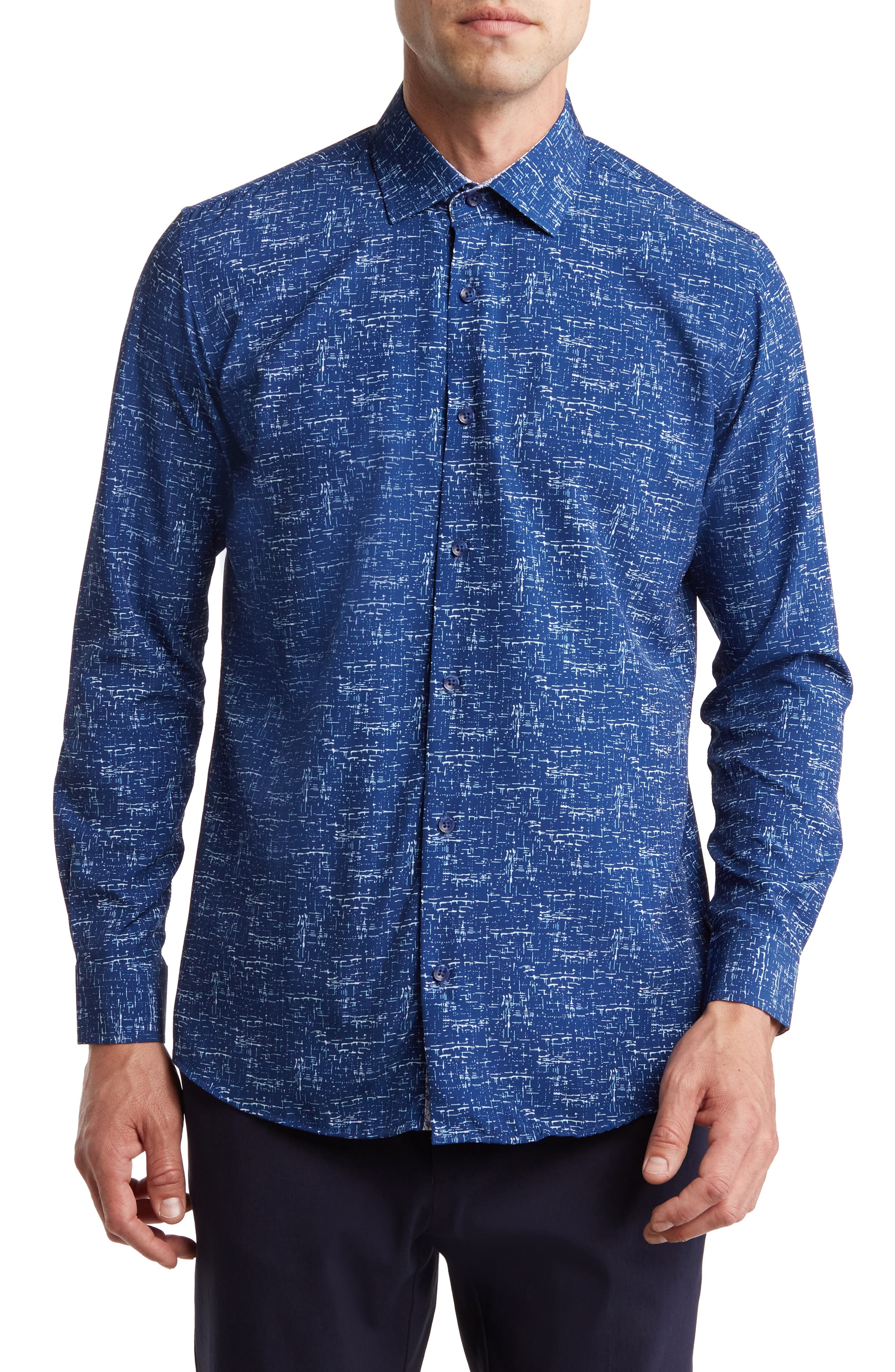 Edward// // Cotton Knit-Stretch Button-Up Shirt With Contrast Details // White // Tailored Fit (Fitted)