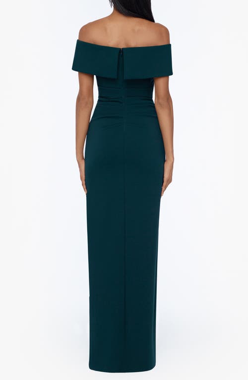 Shop Xscape Evenings Ruched Off The Shoulder Crepe Gown In Pine