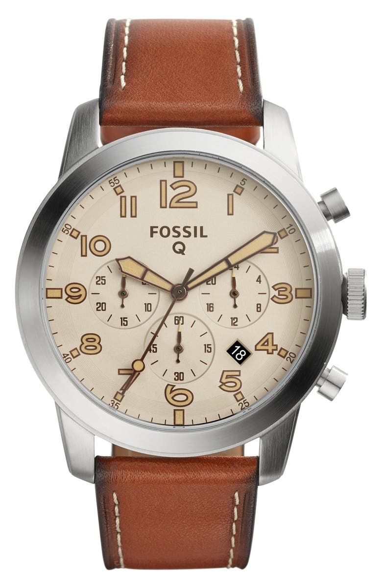 Fossil 'Q Pilot' Chronograph Leather Strap Smart Watch, 44mm | Nordstrom