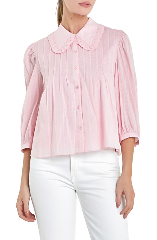 English Factory Ruffle Collar Cotton Blend Button-up Shirt In Pink