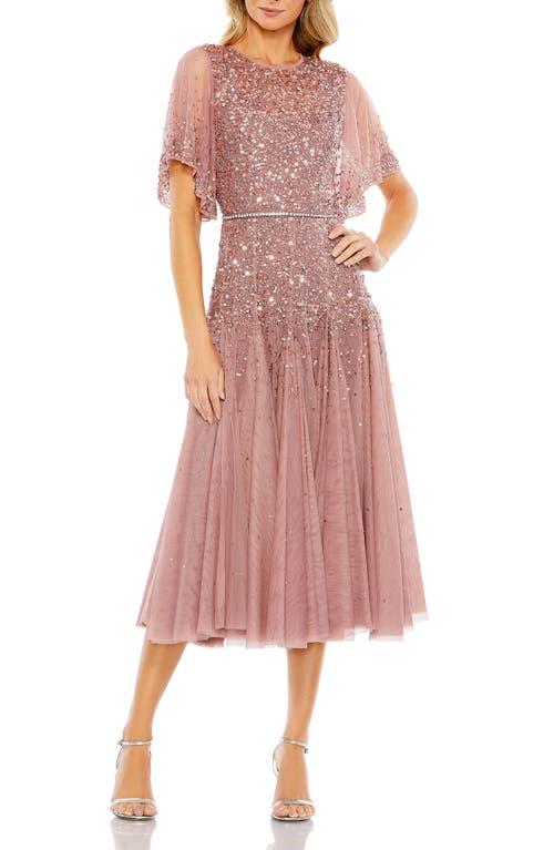 Mac Duggal Sequin & Crystal Embellished Ruffle Sleeve Midi Cocktail Dress at Nordstrom,