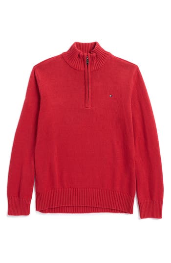Shop Tommy Hilfiger Kids' Quarter Zip Cotton Sweater In Scooter Red