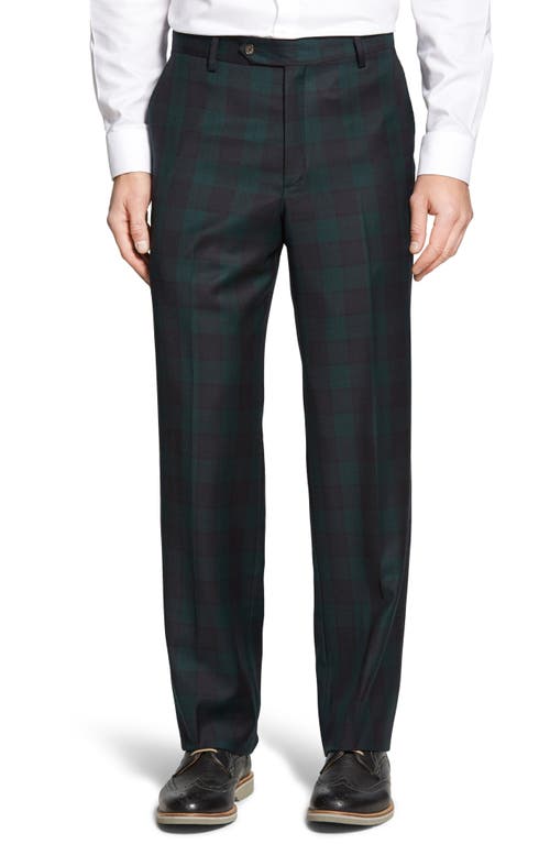 Berle Touch Finish Flat Front Classic Fit Plaid Wool Trousers Green at Nordstrom, X Unhemmed