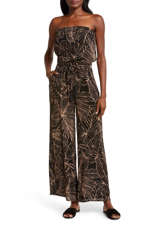 Elan Frond Print Strapless Wide Leg Cover-up Jumpsuit In Burgundy