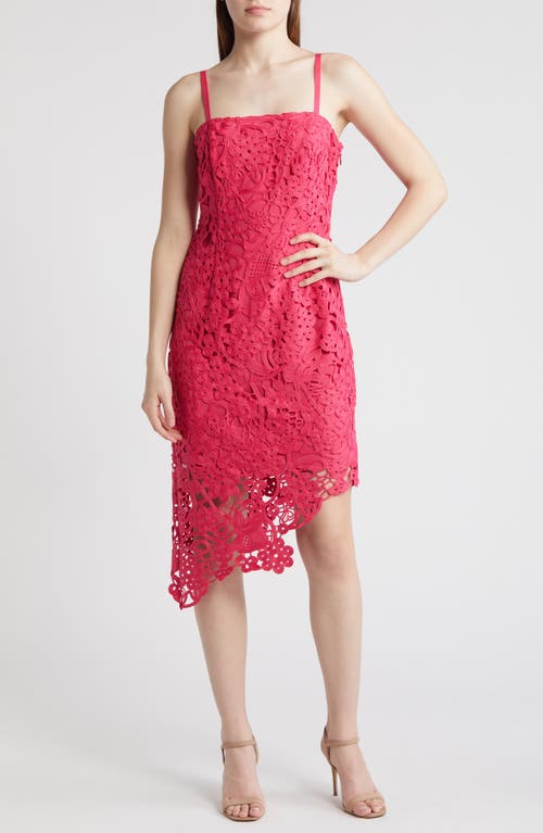 Monica Open-Stitch Lace Asymmetric Hem Dress in Hot Pink