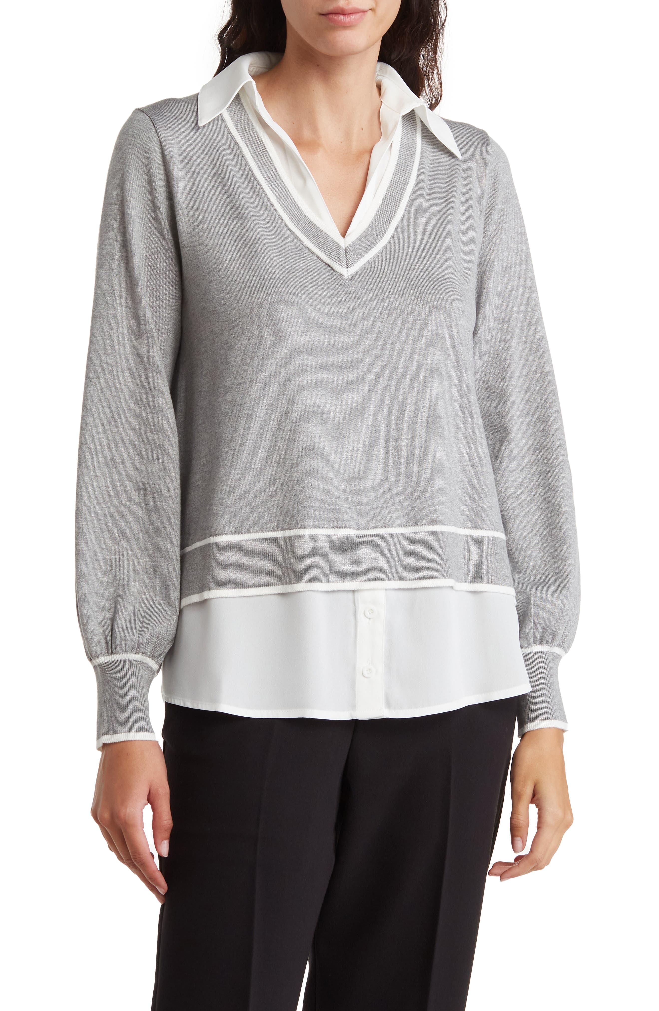 Adrianna Papell Twofer Tipped V-Neck Sweater Vest Layered Blouse |  Nordstromrack