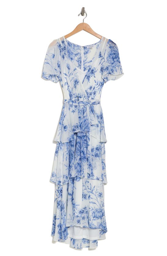 Calvin Klein Floral Short Sleeve Tiered Chiffon Maxi Dress In Chambray Multi
