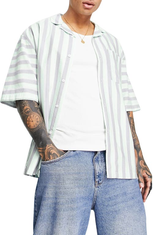 Topman Oversize Stripe Short Sleeve Button-Up Shirt in Light Green