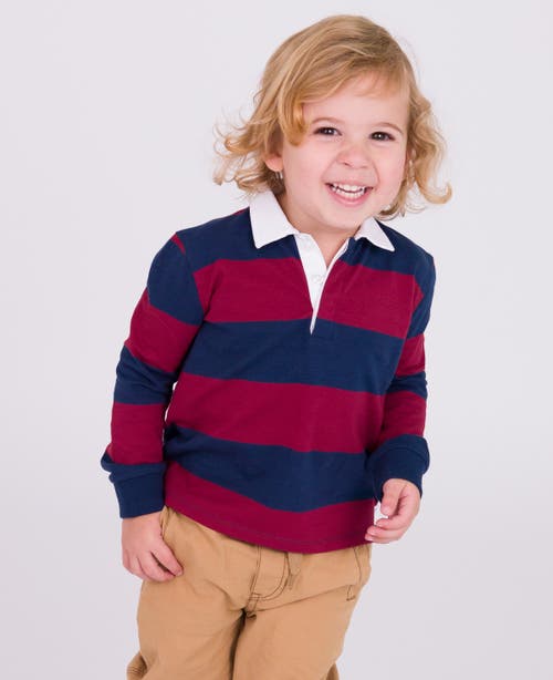 Shop Ruggedbutts Boys Long Sleeve Rugby Polo In Dark Cherry/navy Rugby Stripe