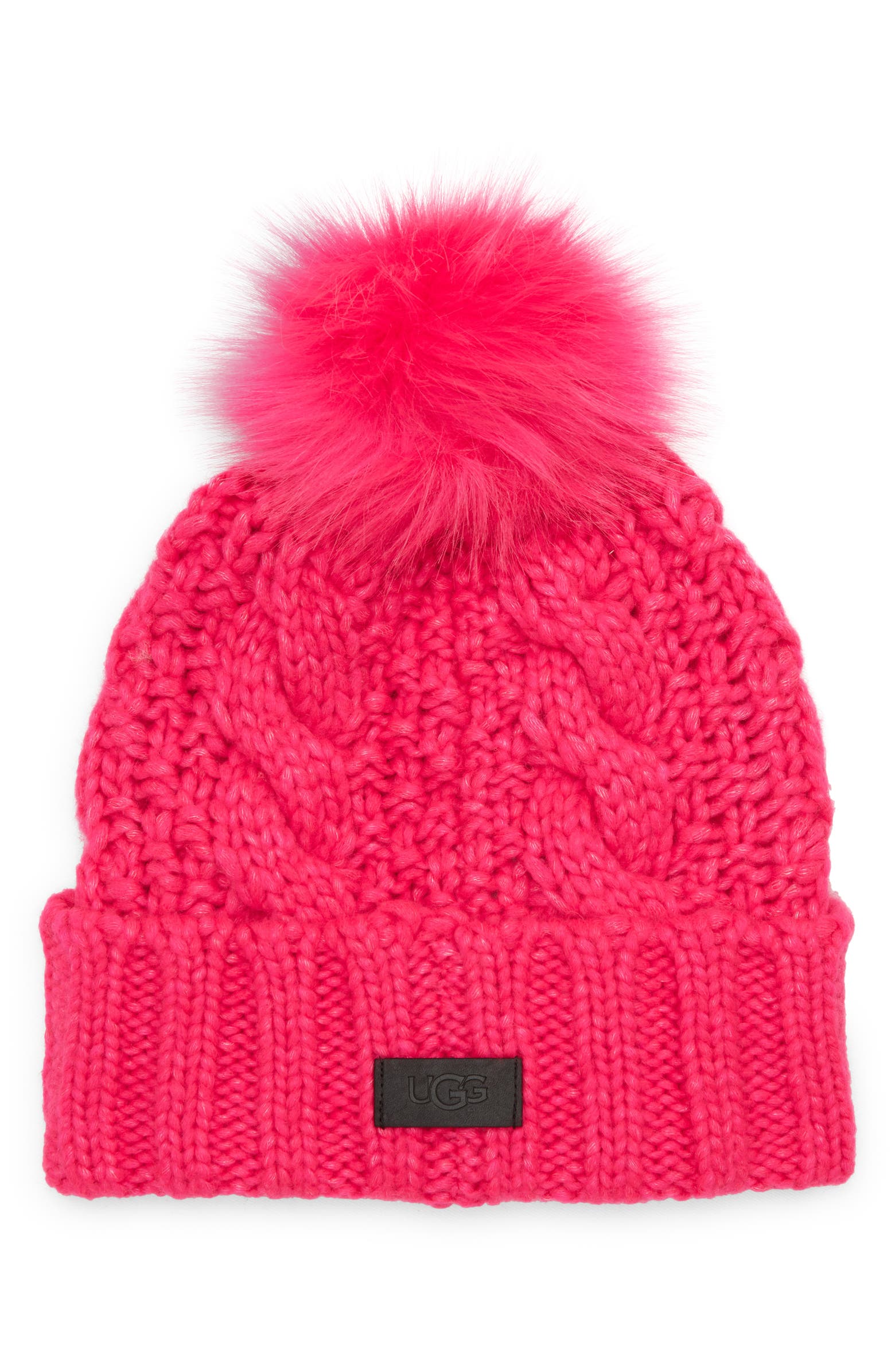 UGG® Cable Knit Beanie with Faux Fur Pom Nordstrom