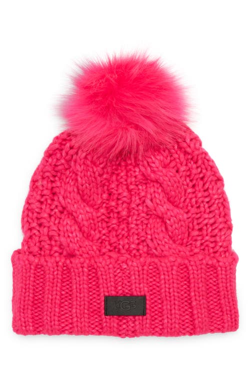 UGG(r) Cable Knit Beanie with Faux Fur Pom in Neon Pink