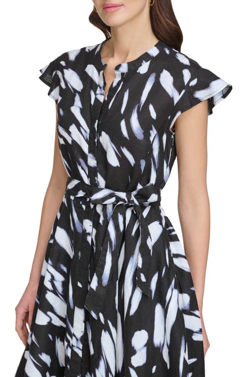 Shop Dkny Print Cap Sleeve Linen Shirtdress In Black/wave Blue Multi