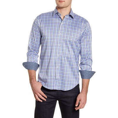 Bugatchi Shaped Fit Check Button-Up Performance Shirt, Green