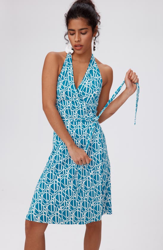 Shop Dvf Nishi Print Tie Waist Halter Dress In Infinite Geo Teal Med