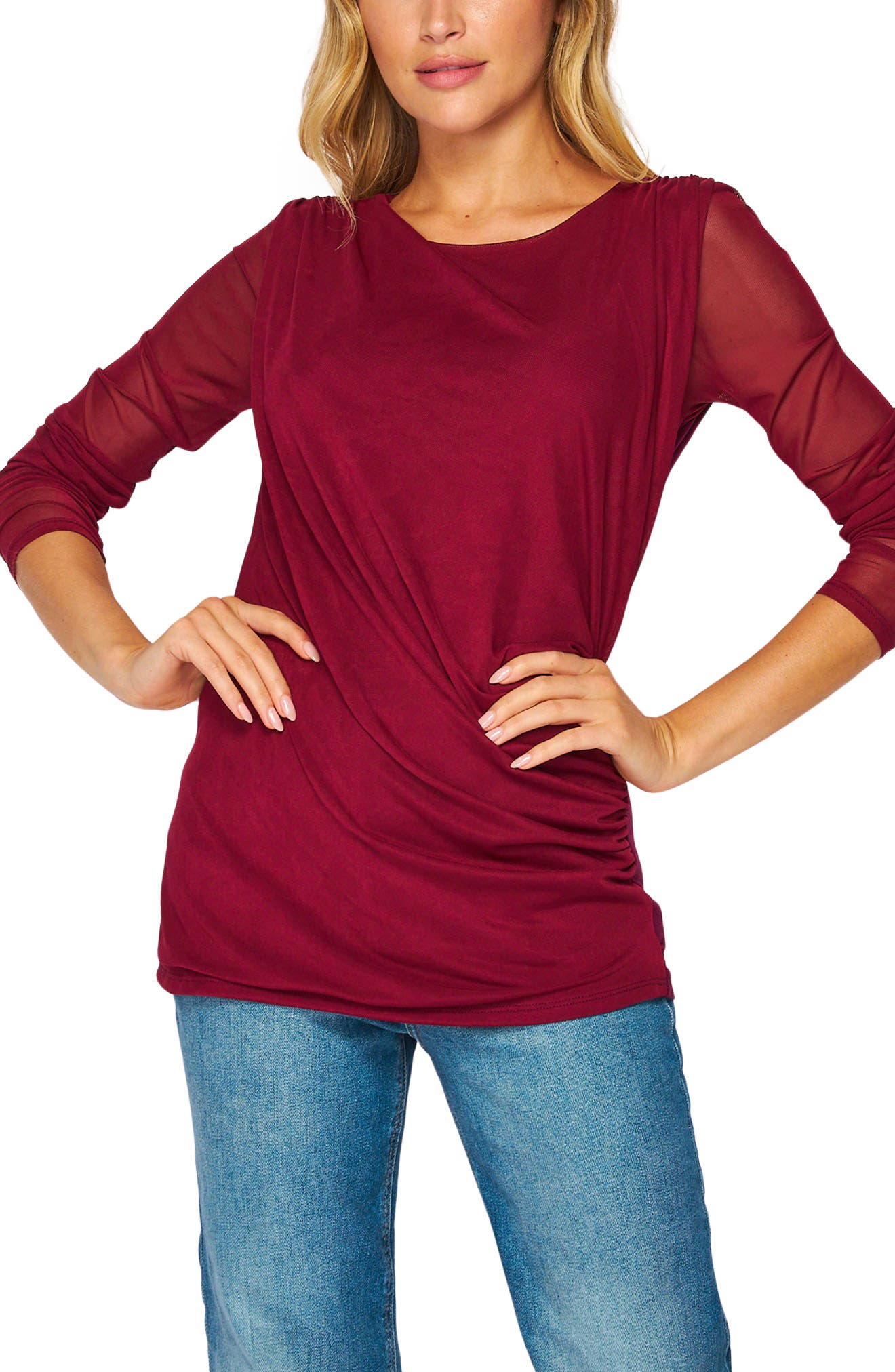 three quarter sleeve side ruched tee