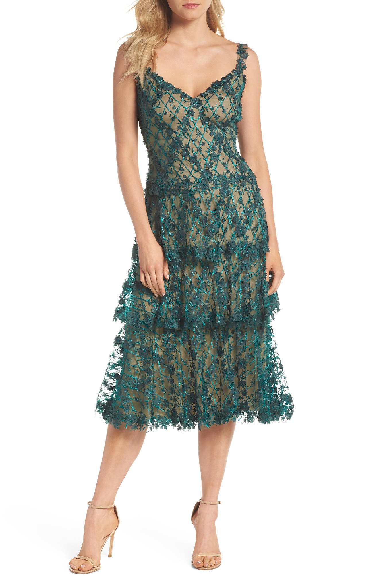 Tadashi Shoji 3D Floral Midi Dress, Green