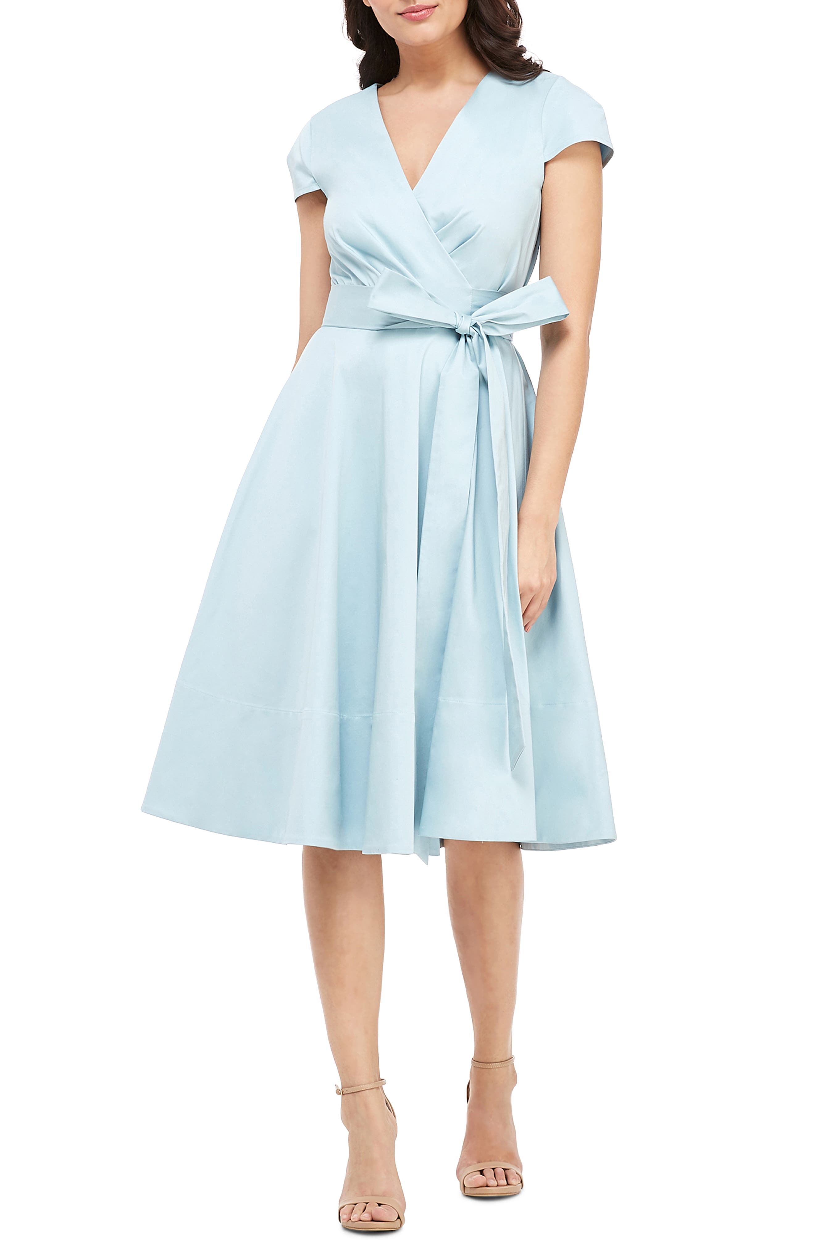 Gal Meets Glam Collection Addison Cotton Tie Waist Fit & Flare Wrap Dress, 8 (similar to 1) - Blue