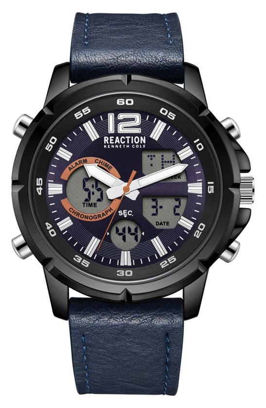 Kenneth Cole Reaction Ana-digit Faux Leather Strap Watch, 48mm In Blue