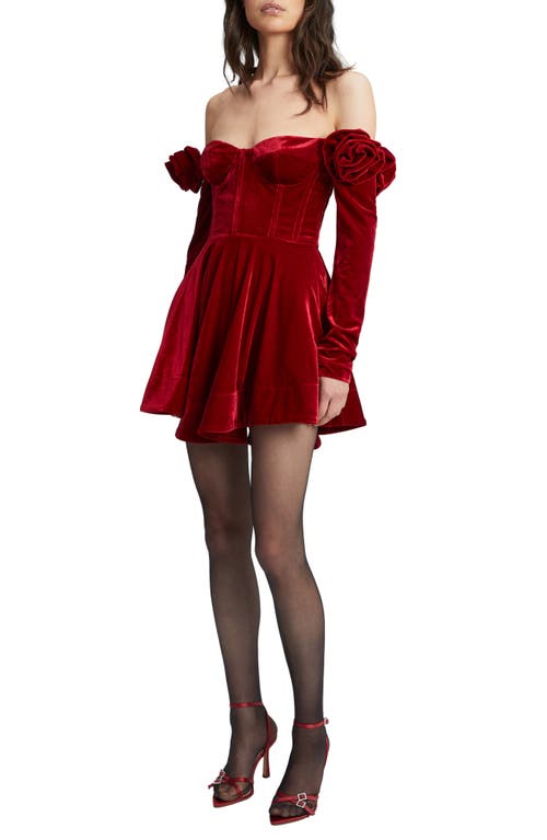Sigma Long Sleeve Off the Shoulder Stretch Velvet Minidress in Fire Red