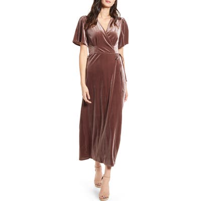 All In Favor Tie Front Velvet Wrap Dress, Purple
